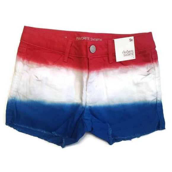 Favorite Shortie SO Girls Size 14 Flag Cuffed Jean Shorts Red White Blue - Picture 2 of 4